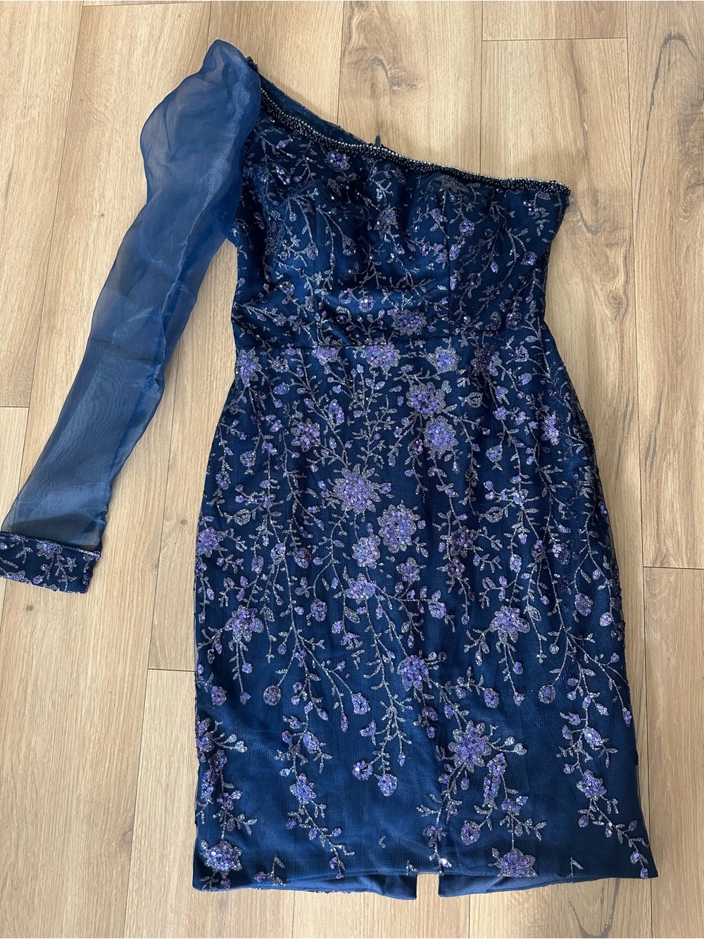 Rosemore Couture Navy Blue One Shoulder Sequin Floral Cocktail Dress Size L